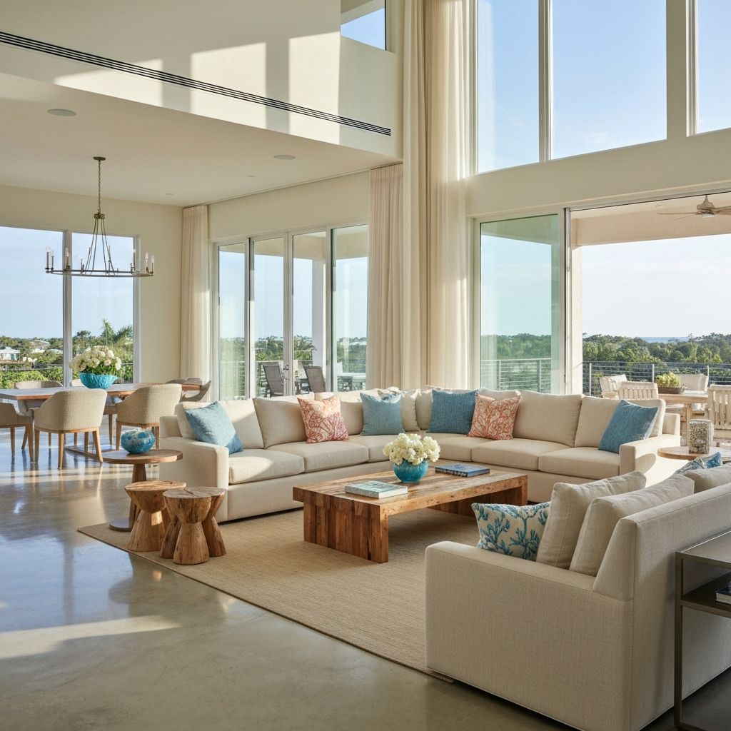 Luxurious modern living room designed by Casa Novay Design with sophisticated furniture and coastal accents