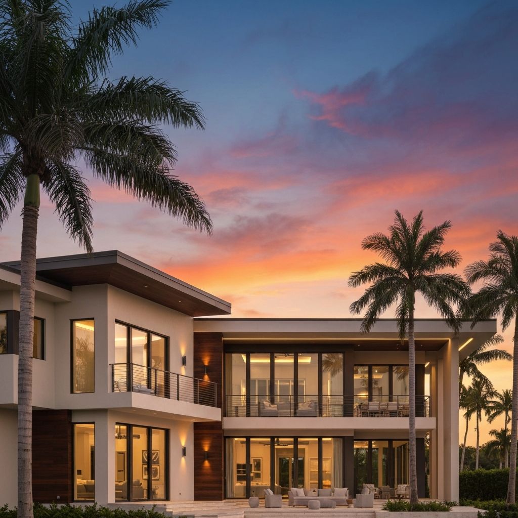Luxury Southwest Florida home exterior at sunset with palm trees and modern architecture